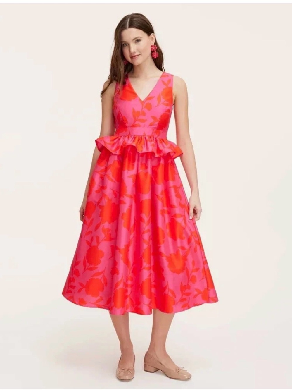 V-Neck Pink and Red Floral Peplum Midi Dress